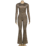 MQTIME  -  Wild Sexy Backless Leopard Print Skinny Flare Jumpsuits Women Fashion O-neck Full Sleeve Peach Hip Slim Casual Overalls Clubwear