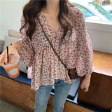 Mqtime V-neck Chiffon Shirt Women Sweet Tops Blouse Spring Korean Floral Print Long Sleeve Casual Loose Slim Lady Clothes New