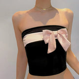 MQTIME  -   Pink Bow Strapless Top for Women Hot Y2k Style Sleeveless Contrast Color Black Tops Fashion Cropped Tanks Streetwear Sweet