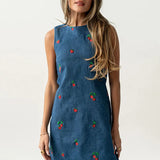 MQTIME  -  Spring O Neck Slim Straight Dress Vintage Strawberry Print Denim Dresses Women Summer Sleeveless Backless Tie-up Mini Dress