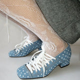 MQTIME  -  Vintage Denim Blue Lace-Up Chunky Heels Women's Pumps Polka-Dot Square-Toe Mary Jane Shoes Ballet-Style Dress Shoes Lolita Shoes