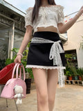 MQTIME  -  Black Hip Wrap Mini Skirt Women Kawaii Lace Patchwork High Waist A-line Skirt Summer Fashion Korean Style Cutecore Skirt