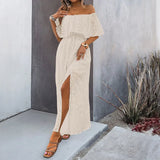MQTIME  -  Spring Summer New Sexy One Neck High Waist Women Dress Fashion Dark Flower Vestidos Female Bottom Split Long Dresses