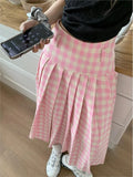 Mqtime Pink Plaid Pleated Skirts Women Summer Sweet A-line Fashin Skirts Female High Waist Zipper Loose Long Skirts New Streetwear