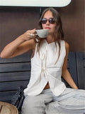 MQTIME  -  Women's White Hollow Bandage Vest Top Sexy Slim Sleeveless Vest Fashion Lace-up Patchwork 2025 Summer Beach Vacation Vest Top