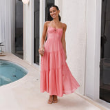 MQTIME  -  Beach Dress Solid Color Strapless A-line Maxi Dress Spliced Vacation Long Layered Dress Mujer Vestidos Boho Sundress