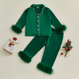 MQTIME  -  Children s Satin Pajama Set with Plush Trim Long Sleeve Button-up Shirt Elastic Waist Pants - 2 Piece Sleepwear Ensemble