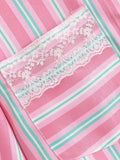 MQTIME  -  Women Pink Plaid Lace Shirt Top Leisure Long Sleeved Single Breasted Lapel Lady Summer Blouses Casual Streetwear French Style