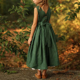 MQTIME  -  Vintage Cotton Linen Girls Sleeveless Dress Chic Open Back Buttons Bandage Bow Sweet Loose Wending Evening Party Dresses