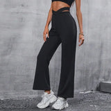 MQTIME  -  Fashion Women's Simple Slim Sports Hollow Out Waist Flared Pant Female Clothes Temperament Commuting Women Casual Trousers YSQ44
