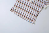 MQTIME  -  Striped Print Vintage Ribbed 2 Piece Set Women Sexy Turn Down Collar V-neck Short Sleeve T-shirts Tops + Drawstring Mini Skirts
