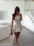  MQTIME  -  Fashion Ruffle Hem Halter Short Women Dress Sleeveless A-line Draped Solid Vestidos Summer Female Vacation Parties Robes