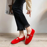 MQTIME  -  Red Velvet Buckle Strap Mary Janes Shoes Women Elegant Spring Autumn Flannel Flats Shoes Black Casual Ladies Shoes Footwear New