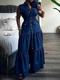 MQTIME  -  Summer Women's Slim Fit Maxi Denim Dress Lapel Collar Sleeveless Buttoned A--line Split-joint Pleated Party Dresses