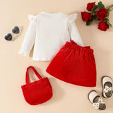 MQTIME  -  2025 Spring New Girls Clothing Set  Ruffle Sleeve Blouse And Red Skirt +Bow Bag  3 Pcs Girls Dress Suit