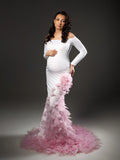 MQTIME  -  Romantic Pink Petals Maternity Dress Photoshoot Off Shoulder White Pregnancy Dress