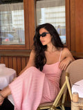 MQTIME  -  Knitted Sexy Backless Low Chest Women Maxi Dress Pink Spaghetti Strap High Waist Dress Summer Slim Vacation Beachwear