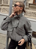 MQTIME  -  Women's Autumn Grey Zipper Outwear Jackets Solid Loose Patchwork High Waist Cropped Top Coat Streetwear Chic Casual Lady Tops