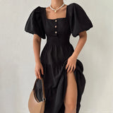 Mqtime Elegant Square Neck New In Dresses For Women Vintage Short Sleeve A-Line Long Dress Backless Office Ladies White Midi Dress