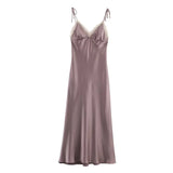  MQTIME  -  Sexy V-neck Backless Sling Long Dress Women Fashion Sleeveless Lace Patchwork High Waist Pleated Dresses Female Chic Party Robe