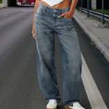 ﻿ MQTIME  -  Autumn women's retro washed low waist wide leg jeans loose mopping version European and American street fashion women's jeans