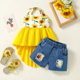 MQTIME  -  2Piece Summer Girls Boutique Clothes Fashion Cute Flowers Sleeveless Baby Tops+Denim Shorts Luxury Kids Clothing Set