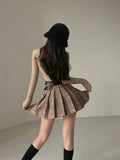 MQTIME  -  Preppy Style Plaid Skirt Women Brown High Street Pleated Mini Skirt Y2k Vintage Autumn Winter Belt Korean Fashion Outfit