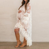  MQTIME  -  Embroidery Lace See-through Ruffle Irregular Dress Women Spring O Neck Hem Long Dress Elegant Long Sleeve Party Maxi Dress Mujer