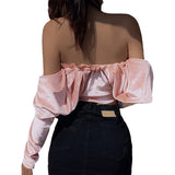 MQTIME  -  Pink Off Shoulder T-shirt Sexy Backless Tube Top Cropped Tops 2024 Fall Women Korean Y2k Indie Vacation Casual Party Clubwear