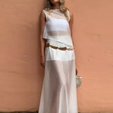 MQTIME  -  Summer O-neck Sleeveless Vest Top & Long Skirt Outfits Casual Loose Women's Holiday Suits White See Through Mesh Two Piece Set