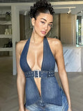 MQTIME  -  Sexy Blue Denim Short Halter Vests Women Chic Sleeveless Backless Off Shoulder Hollow Out Tops 2025 Summer Night Club Party Wear