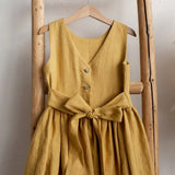 MQTIME  -  Vintage Cotton Linen Girls Sleeveless Dress Chic Open Back Buttons Bandage Bow Sweet Loose Wending Evening Party Dresses