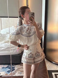  MQTIME  -  Embroidered Women Short Set Linen Blend Pleated Short Sleeve Top Elastic Waist Shorts Casual Loose Beach Vacation Two Piece Set