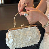  MQTIME  -  Elegant Shell Sequined Clutch Bag, Gold Handle Purse With Metal Flower Frame, Women Clamp Design Handbag For Wedding Party Gift