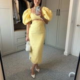 MQTIME  -  Elegant Solid Square Collar Holiday Long Dress Women Puff Sleeve Party Dress Lady 2025 Hollow Waist High Street Summer Dress