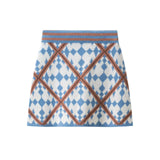 MQTIME  -  Women's Diamond Pattern Knitted Pullovers Skirt Set Casual O-neck Long Sleeve Sweater + Elastic Waist A-line Mini Skirt