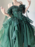 MQTIME  -  Green Flower Wedding Dress Cos Op Dress Lolita Heavy Industry Trail Puffy Princess Dress Lolita Cosplay Passionate Dress Set