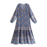 MQTIME  -  Boho Dress Long-sleeved Blue Printing Maxi Dress V Neck Loose Fit Holiday Vestidos Hippie Mujer Robe Chic Beach Dress