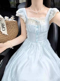 MQTIME  -  Summer Sweet Fly Sleeve Blue Bownot Fairy Dress Slim French Style Patchwork Lace Dress A-line Women Casual Dress
