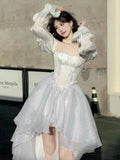 MQTIME  -  White Elegant Evening Party Mini Dress Women Off Shoulder France Vintage Beach Dress Female Chiffon Korea Prom Dress Summer 2024
