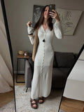 MQTIME  -  Deep V Cardigan Dresses Women Hollow Sexy Single-breasted Long Cardigan Summer White Slim-fit Long Sleeve Vacation Ladies Robe