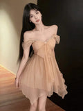 MQTIME  -  Mini Dresses Women Rhinestone Off Shoulder Bow Slim Backless Irregular Solid Backless Party Dress Elegant Ladies Sweet