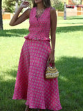  MQTIME  -  Vintage Printed High Waist Midi Skirts 2 Piece Sets For Women New V Neck Tied Short Top Holiday Summer Woman Outfits
