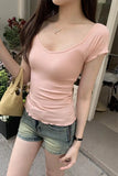 MQTIME  -   V-neck knitted shoulder short sleeved t-shirt for women's summer 2024 new French pure desire short slim fit collarbone top