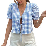  MQTIME  -  Women's Gingham Crop Top Puff Sleeve V-Neck Tie Front Blouse Summer Shirt With Elastic Cuffs