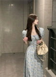 MQTIME  -  Women's Blue Floral Puff Sleeve Midi Dress Sweetheart Tie Front Split Dress