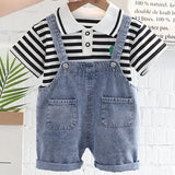 MQTIME  -  2Piece Summer Toddler Boy Outfits Korean Fashion Stripe Short Sleeve Cotton Baby Tops+Denim Overall Boutique Kids Clothing B071
