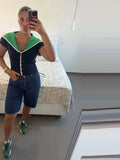  MQTIME  -  Women Lapel Knitted Top Pullover Color Blocking Single Breasted Short Sleeve Slim Short Tops 2026 Female New Chic Top Outfits