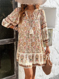 MQTIME  -  Women's Bohemian Printed Dress V Neck Chic Short Dress Loose Fit Viscose Holiday Dresses Femme Hippie Vestidos