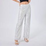  MQTIME  -  Women Sequin Wide Leg Pants Stretchy High Waist Loose Straight Trousers Club Party Elegant Long Pants Streetwear